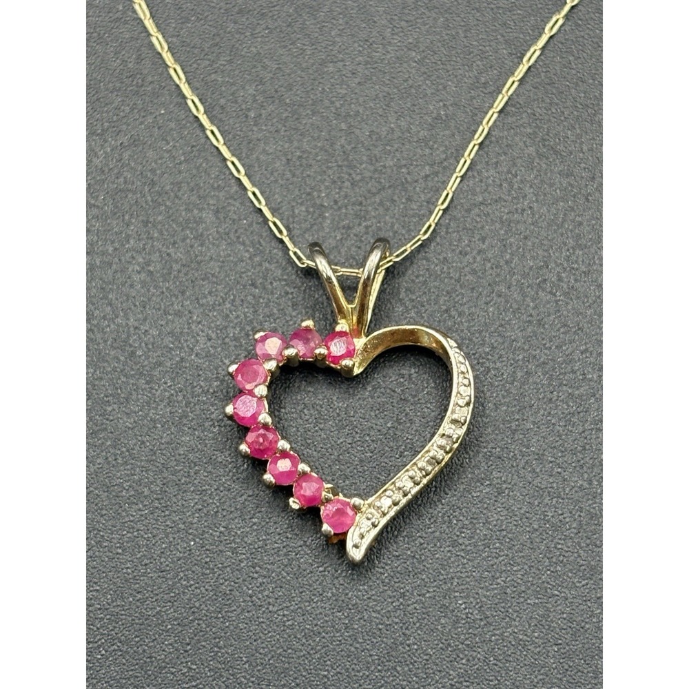 Vintage 20" Gold Sterling Silver Natural Ruby Heart Pendant Necklace E6